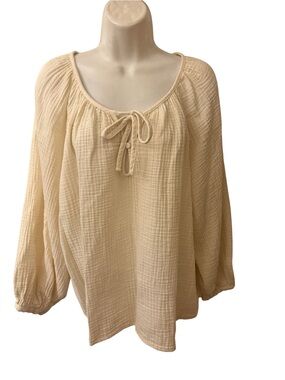 Universal Thread Cream Gauze Peasant Blouse with Tie Neck